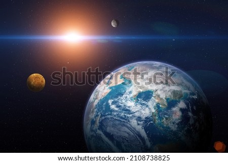 Solar system planets: Earth, Venus, Mercury. Terrestrial planets. Sci-fi background. Elements of this image furnished by NASA. Royalty-Free Stock Photo #2108738825