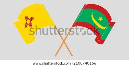 Crossed and waving flags of the State of New Mexico and Mauritania. Vector illustration
