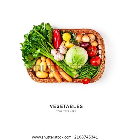 Vegetables in basket isolated on white background. Cabbage, celery, potato, pepper, onion, carrot, garlic, lemon, tomato and herbs creative arrangement. Healthy eating concept. Flat lay, top view
 Royalty-Free Stock Photo #2108745341