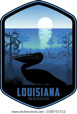 Louisiana vector label with brown pelican and swamp wetland sea coast Royalty-Free Stock Photo #2108755712