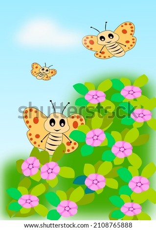 Some funny butterflies, under a blue sky with white clouds, fluttering around a bush of pink flowers.