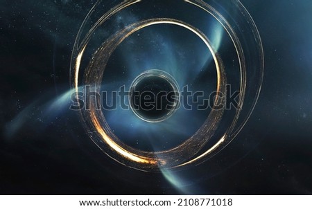 Black hole absorbing light in deep space. 5K realistic science fiction art. Elements of image provided by Nasa Royalty-Free Stock Photo #2108771018