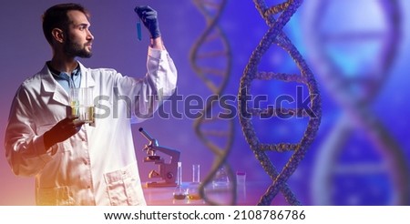 DNA tests. A man in a white coat with test tubes in his hands. DNA damage. Gene manipulation. A laboratory assistant performs a DNA test against a background of molecules. Genetic engineer.  Royalty-Free Stock Photo #2108786786