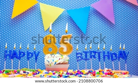 Happy birthday candle letter word for eighty five years old. Copy space Happy birthday greetings for 85 years, lit candles with holiday decorations. Beautiful holiday card