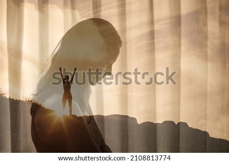 Sad woman finding hope. Overcoming self doubt finding strength and inner happiness. Royalty-Free Stock Photo #2108813774