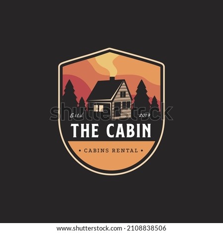 Vintage modern outdoor emblem with forest view and cabin house in forest logo icon vector, cottage hut cabin logo template on dark background