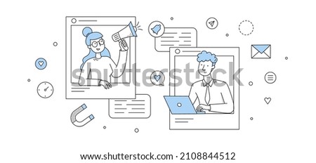 Social media marketing concept with people lead blog and icons of SMM. Vector doodle illustration of man with laptop, woman with megaphone, signs of email, magnet and heart Royalty-Free Stock Photo #2108844512