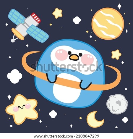 Cute penguin planet with star,moon,satellite cartoon.Animal character design.Galaxy.Kawaii.Isolated.Vector.Illustration.