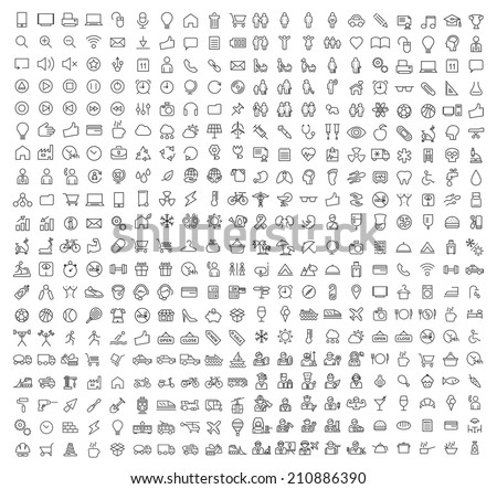 400 Universal Thin Line Black Icons on White Background ( Business , Multimedia, Education, Ecology, Medical, Fitness, Family, Construction, Transport, Professions, Travel, Restaurant, Hotel ) Royalty-Free Stock Photo #210886390