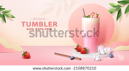 Pink tumbler banner ad. 3D Illustration of a gradient tumbler bottle loaded with strawberry shake displayed on podium, with berries, ice cubes and stainless straw around Royalty-Free Stock Photo #2108870210