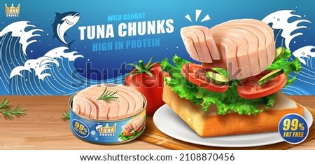 Canned tuna chunk banner ad. 3D Illustration of a tasty tuna sandwich made with canned tuna flesh and fresh salad on wooden table with bluefin tuna jumping out from sea waves depicted in the back