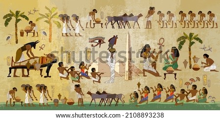 Life of egyptians. Agriculture, workmanship, fishery, farm. Ancient Egypt frescoes. Hieroglyphic carvings on exterior walls of an ancient temple   Royalty-Free Stock Photo #2108893238