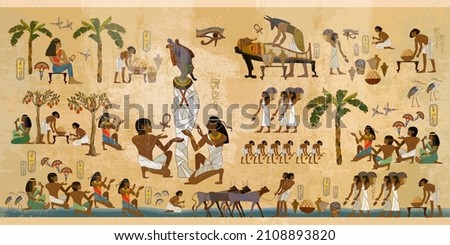 Life in ancient Egypt, frescoes. Hieroglyphic carvings on exterior walls of an old temple. Egyptians history art. Agriculture, workmanship, fishery, farm  Royalty-Free Stock Photo #2108893820