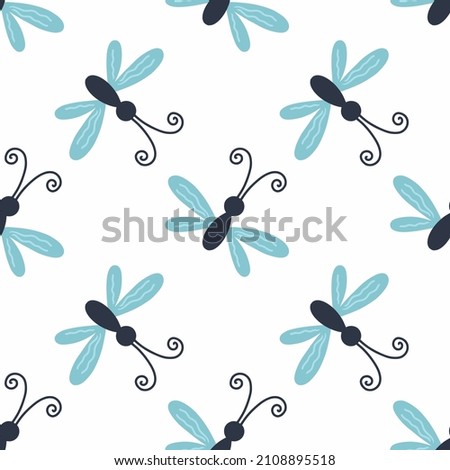 Cute dragonfly on white background. Seamless pattern with insects. Background for sewing children clothes. Packing paper. Wallpaper for nursery.