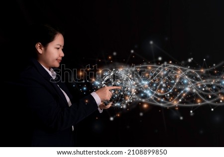 Abstract. Innovation. Hands holding tablet with the earth future technologies and network connection on virtual interface background, innovative technology in science and communication concept