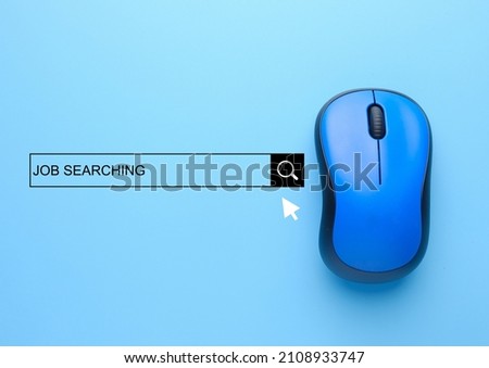 A picture of mouse with job searching tab and mouse indicator. Job searching and recruitment concept
