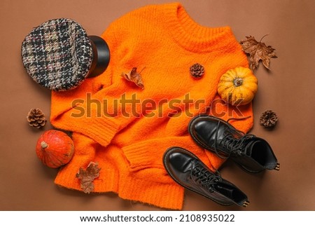 Stylish sweater, hat, shoes and autumn decor on color background