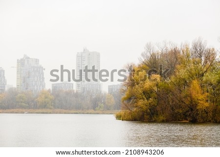Colorful trees on shore of pond or river in city park on autumn foggy day. High quality photo.