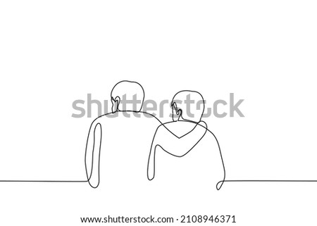 two men stand side by side and one put his hand on the other - one line drawing vector. concept male hug, friendship, love, brotherhood, skinship Royalty-Free Stock Photo #2108946371