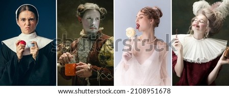 Variety of tastes. Set of young people in image of historical, medieval persons in vintage clothing on dark background. Concept of comparison of eras, modernity. Creative collage. Flyer Royalty-Free Stock Photo #2108951678