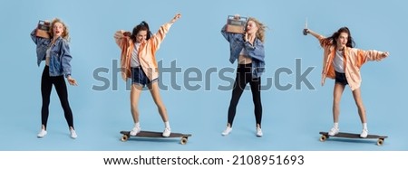 Disco, party time. Collage with two stylish retro girls wearing 90s fashion style, outfit isolated over blue studio background. Concept of eras comparison, beauty, fashion and youth, hobby Royalty-Free Stock Photo #2108951693