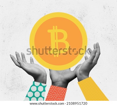 Future. Human hands and bitcoin. Contemporary art collage. Concept of business, finance, blockchain technology, altcoin, cryptocurrency mining, digital money market, crypto coin wallet, exchange Royalty-Free Stock Photo #2108951720