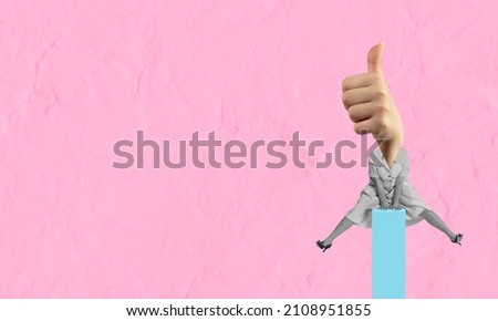 Thumb up. Young girl headed with hand jumping isolated on pink crumpled paper background. Modern design, contemporary art collage. Inspiration, idea, trendy urban magazine style. Surrealism. Flyer