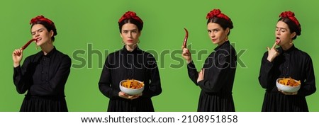 Set of photos of young beautiful woman in image of famous painter, artist Frida Kahlo on green background. Beautiful actress. Comparison of eras, beauty, human emotions, characters, art concept. Royalty-Free Stock Photo #2108951858