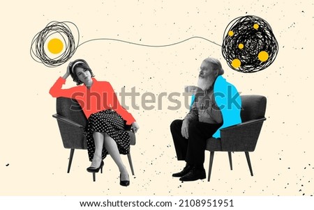 Sad offended young girl sitting in retro armchair and talking with old man, father on light background. Concept of personal problems, mentality, psychology, care, emotions, relation. Artwork. Royalty-Free Stock Photo #2108951951