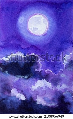 Beautiful watercolor abstract landscape. Forest and night sky artwork. Galaxy poster. Universe concept. Stars and moon design.