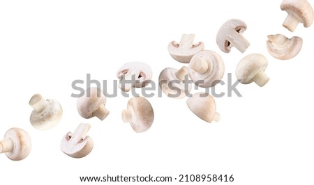 Perfectly retouched champignons, whole and halves flying in space isolated on white background. Royalty-Free Stock Photo #2108958416