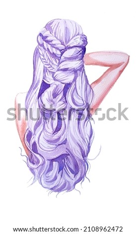 Cute woman with short purple hair with a backpack. Young student girl with purple hair. Travel concept design. Watercolor woman with backpack illustration.