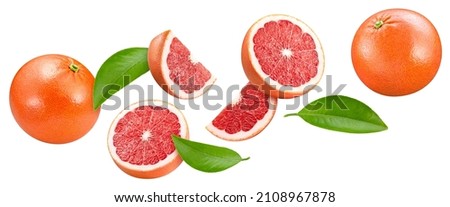 Flying Grapefruit isolated on white background. Levitation grapefruit with leaf. Full depth of field with clipping path Royalty-Free Stock Photo #2108967878
