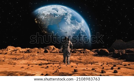 A background of an astronaut on the mars looking at the planet