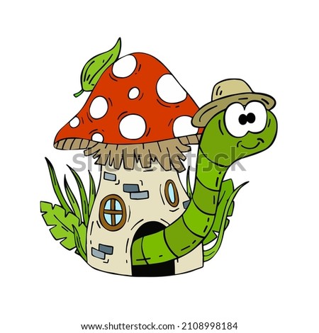 Mushroom house with funny caterpillar. Fairy tale children drawing.