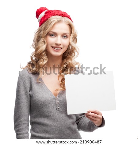 young casual caucasian woman holding sign isolated on white
