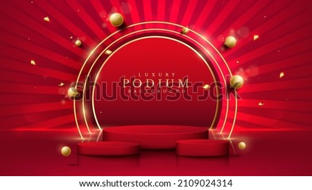 Red product display podium with golden circle and 3d ball elements with bokeh decoration and glitter light effect.