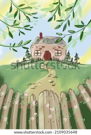 Digital illustration. Illustrations can be used to decorate the house,postcards,posters. House made of stone. Fence in flowers. Forest near the house. Red door and two windows.Tree branches in the sky