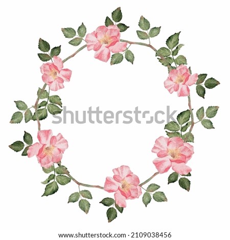 watercolor blooming pink rose branch flower bouquet wreath frame clipart digital painting