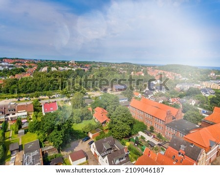 Panoramic aerial view of Travemunde cityscape on a clear sunny day, Lubeck District - Germany