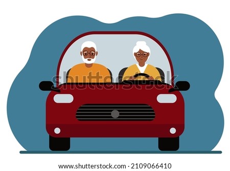 In the red car, a couple of pensioners man and woman. Foreground. Vector flat illustration