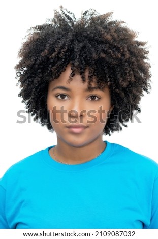 Passport photo of serious african american young adult woman isolated on white background for cut out