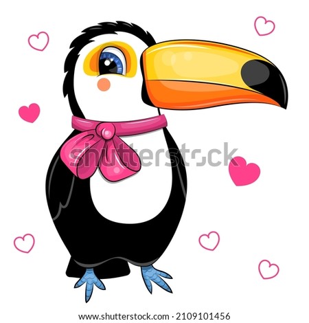 Cute cartoon toucan with a pink bow. Vector illustration of an animal on a white background with hearts.