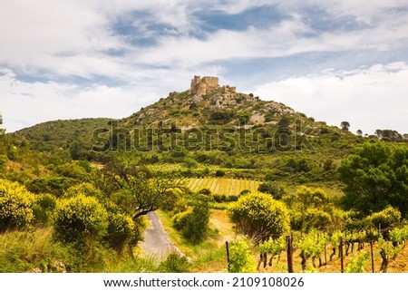 Green Vines in Corbière Wine Region Rolling Landscape in front of Aguilar Cathar Castle in Aude, France Royalty-Free Stock Photo #2109108026