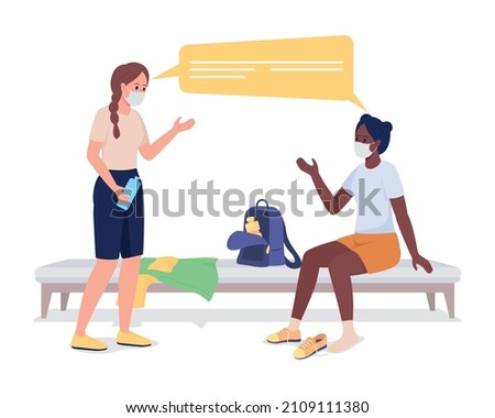 Girls talking before gym class semi flat color vector characters. Interacting figures. Full body people on white. School isolated modern cartoon style illustration for graphic design and animation
