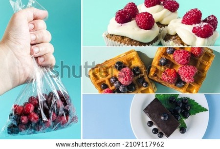 A set of pictures of colorful desserts and frozen berries. Delicious cakes, cupcakes and soft waffles with berries on a colored background, a collage of confectionery