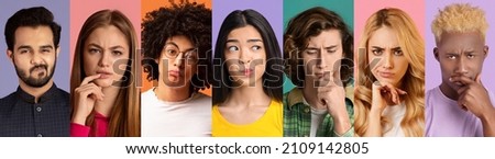 Thoughtful multiracial young people attractive and stylish men and women posing on colorful studio backgrounds, showing confusion or skepticism, looking at camera, creative image, panorama Royalty-Free Stock Photo #2109142805
