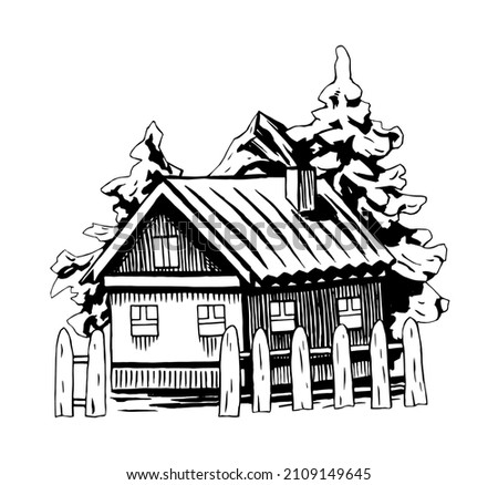 Graphic drawing of a rural house surrounded by nature. Black and white traced image for postcards, prints, design.