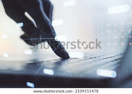 Multi exposure of abstract programming language hologram with hands typing on computer keyboard on background, artificial intelligence and machine learning concept Royalty-Free Stock Photo #2109151478