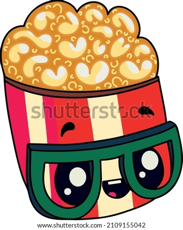 Cute popcorn with glasses eyes and mouth. Illustration for print, postcards, websites and icon.